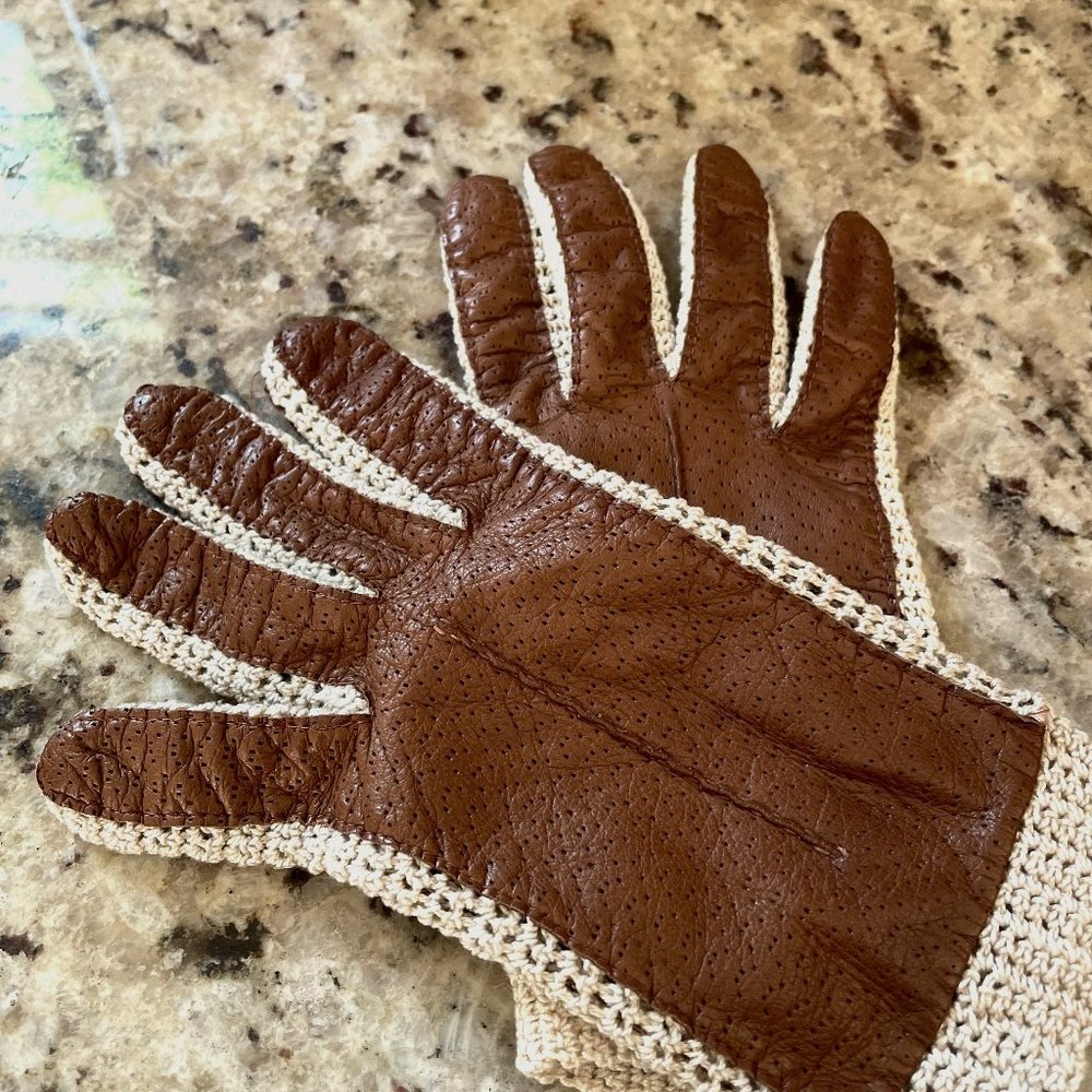 Talbots Genuine Leather Gloves Brown Crochet Accent Women Sz  Small